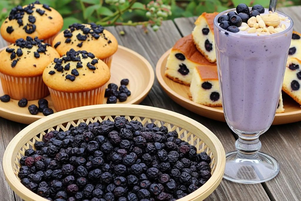 A table featuring a spread of food including muffins topped with dark sprinkles, a glass of smoothie garnished with blueberries and peanuts, and a bowl of dried blueberries, alongside slices of cake.