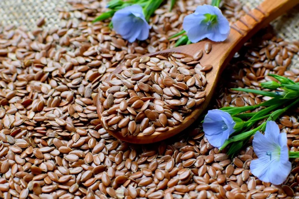 A wooden spoon filled with flaxseeds on a bed of flaxseeds, surrounded by small blue flowers.